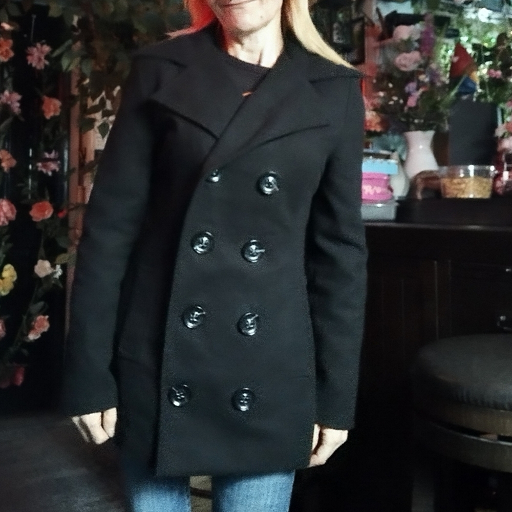 Black Wool Blend Double-Breasted Peacoat - Picture 5 of 14